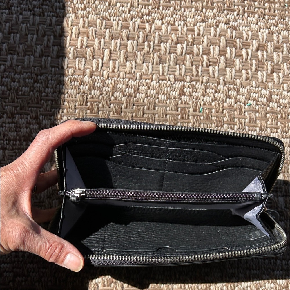 Cole Haan Black Pebbled Leather Zip around Wallet with Metal Logo - Picture 3 of 6